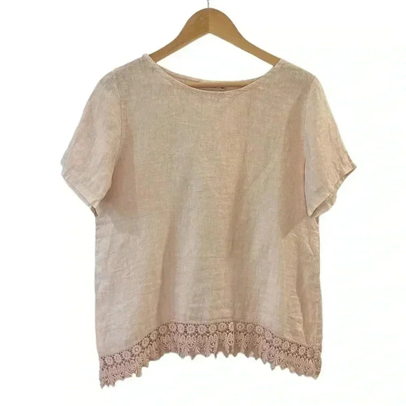 Terzo Milennio linen and crochet top lagenlook boho minimalist neutral pink med - Picture 1 of 8